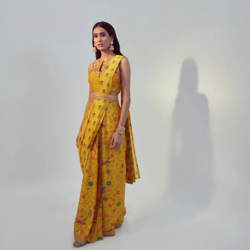 Drishti & Zahabia - Yellow Floral Pre-Draped Saree Set w/ Blouse & Belt